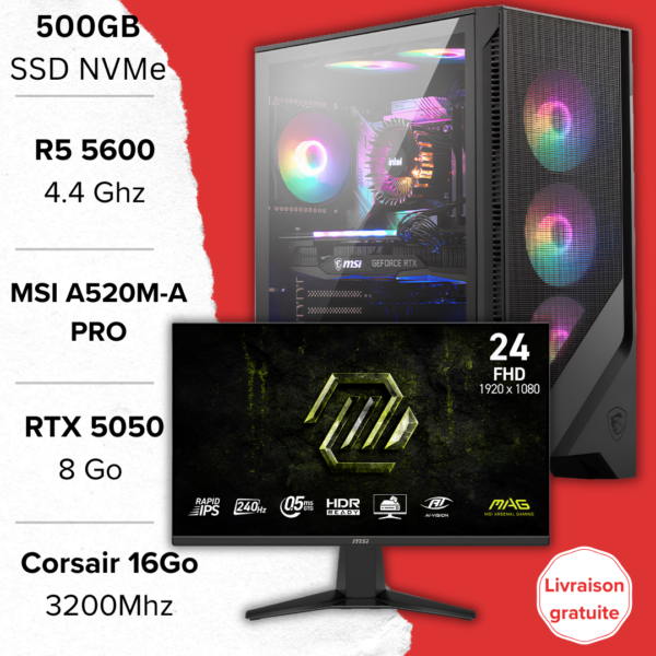 PC Gamer Ryzen 5 5600 setup complet RTX 5050 Maroc