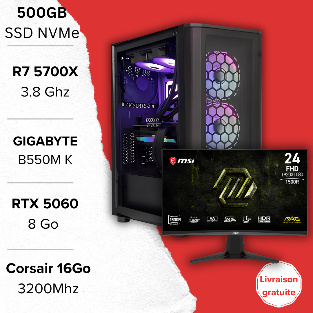 PC Gamer Ryzen 7 5700X RTX 5060 setup gaming Maroc