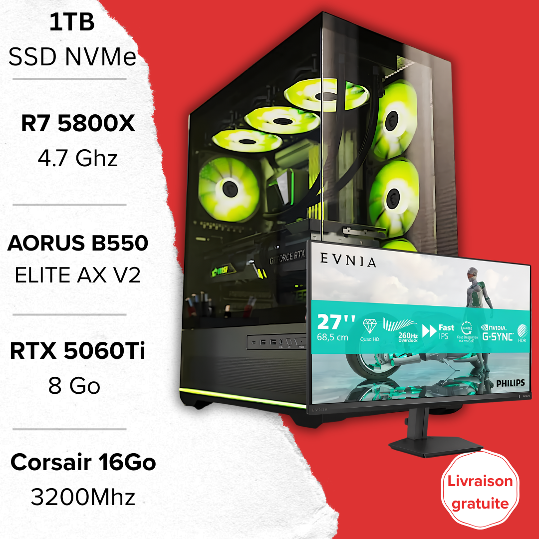 PC Gamer Ryzen 7 5800X RTX 5060 Ti setup complet Maroc