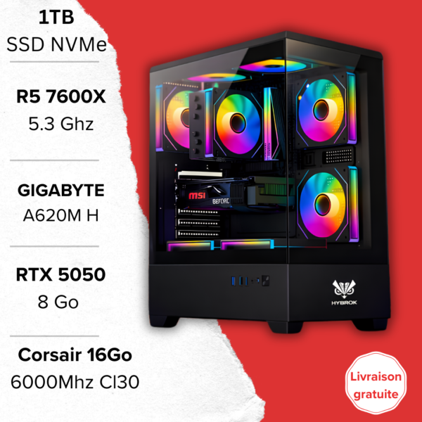 PC Gamer Ryzen 5 7600X RTX 5050 setup gaming Maroc