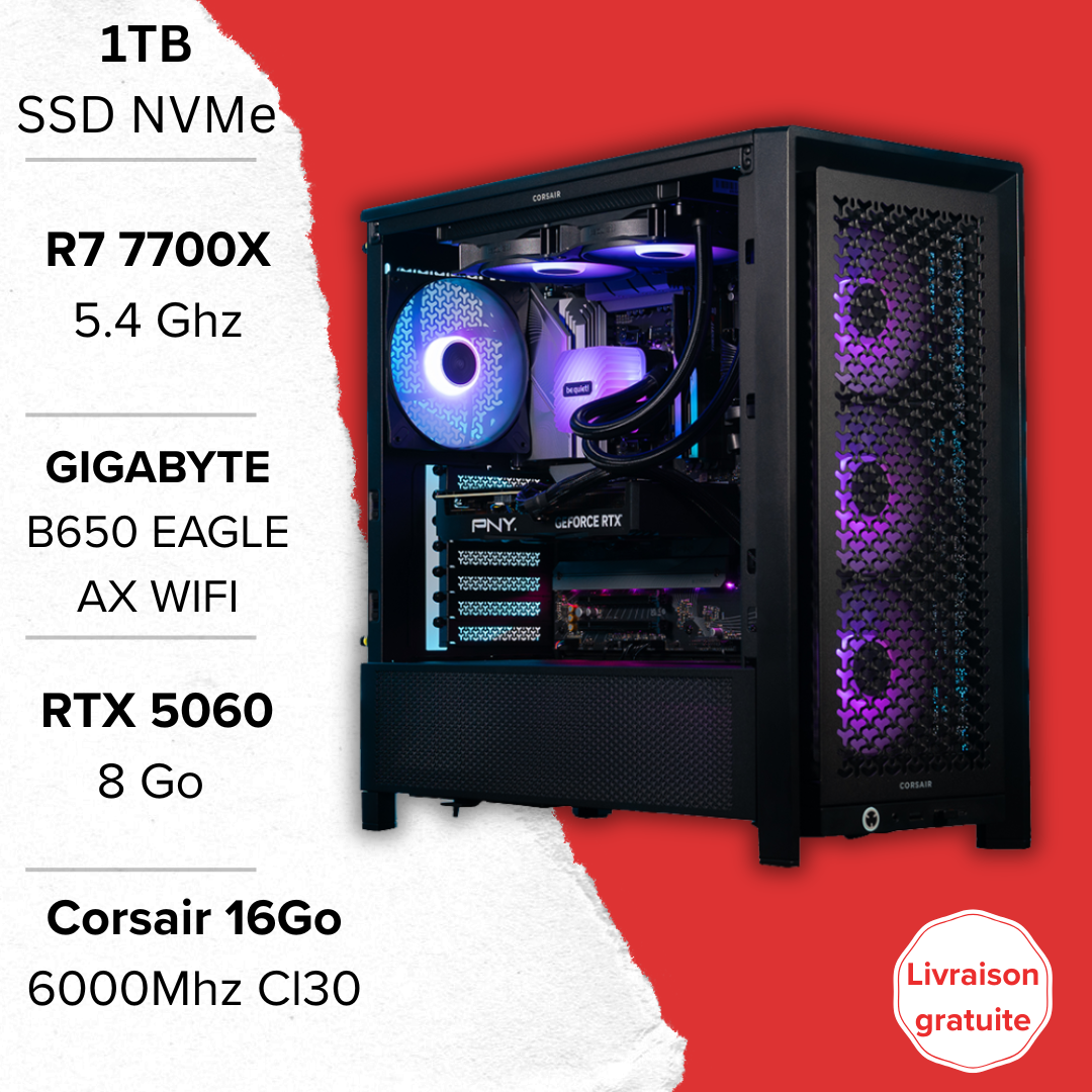 PC Gamer Ryzen 7 7700X RTX 5060 setup premium Maroc