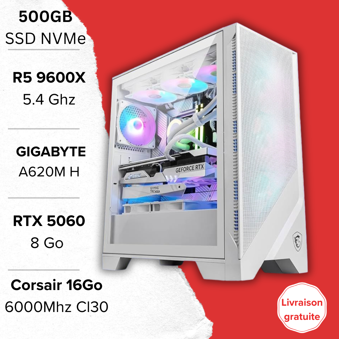 PC Gamer Ryzen 5 9600X RTX 5060 setup gaming Maroc